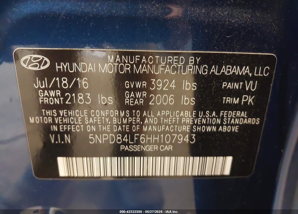 2017 HYUNDAI ELANTRA SE VIN: 5NPD84LF6HH107943