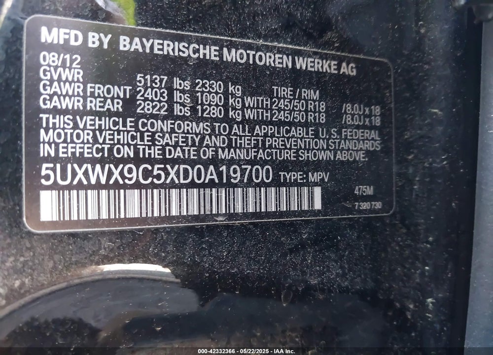 2013 BMW X3 VIN: 5UXWX9C5XD0A19700