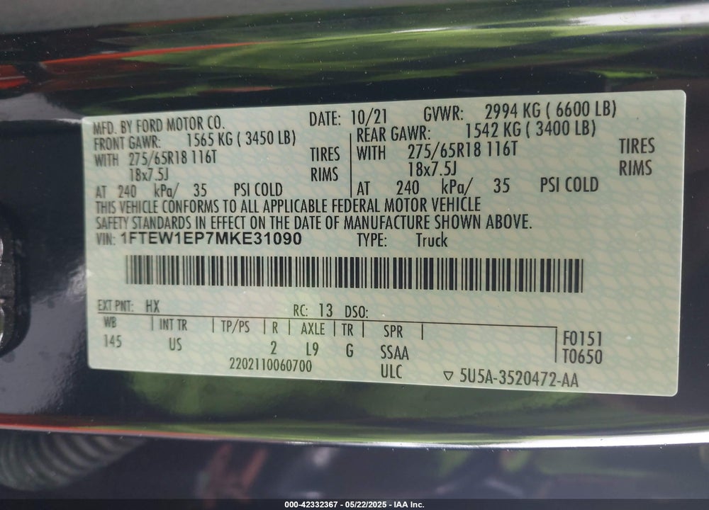 2021 FORD F-150 VIN: 1FTEW1EP7MKE31090