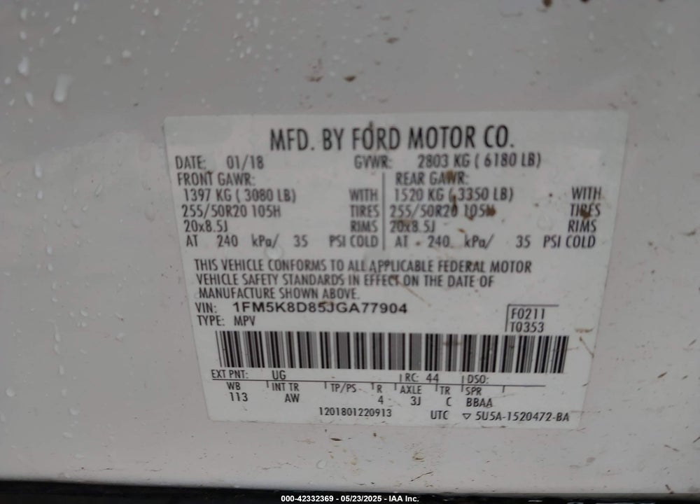 2018 FORD EXPLORER VIN: 1FM5K8D85JGA77904