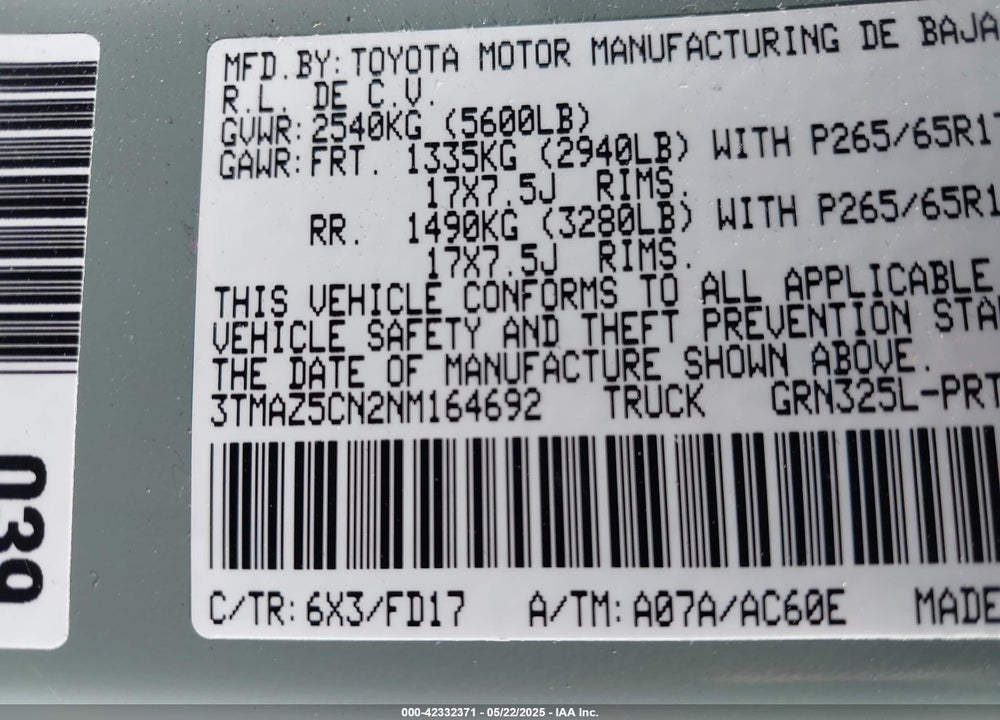 2022 TOYOTA TACOMA VIN: 3TMAZ5CN2NM164692