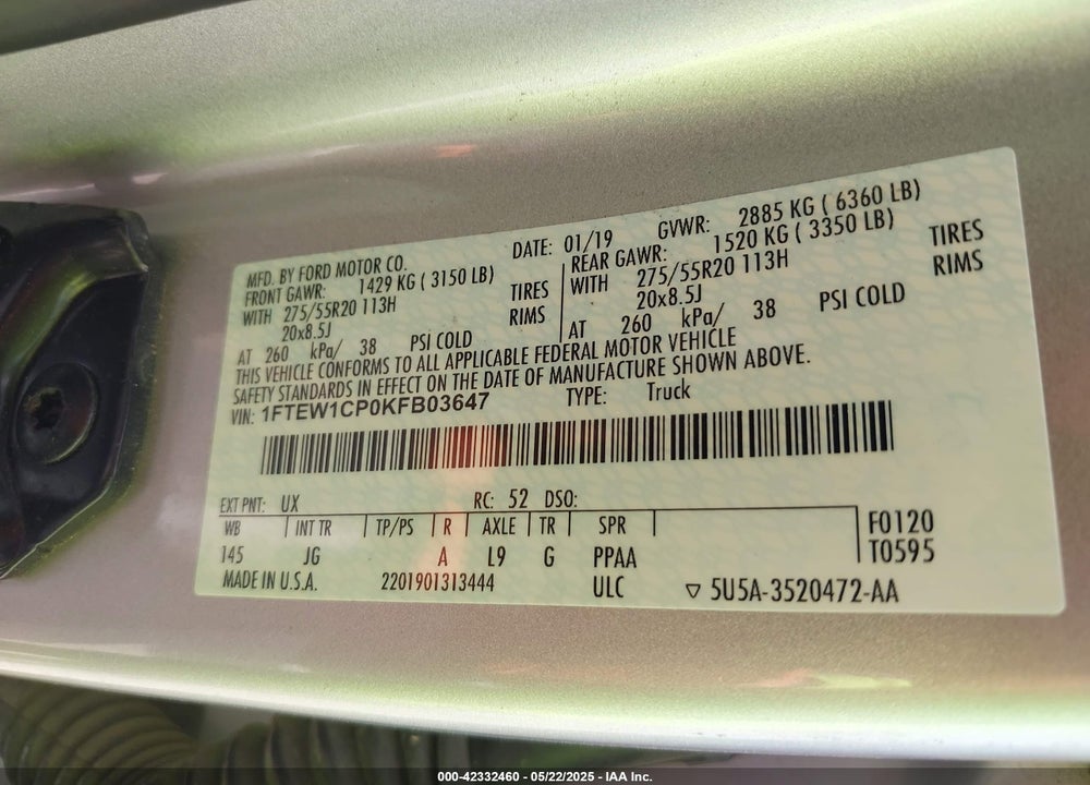2019 FORD F150 VIN: 1FTEW1CP0KFB03647