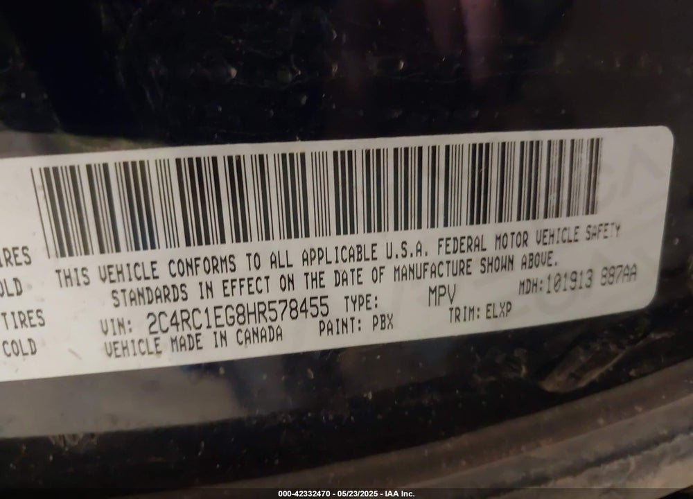 2017 CHRYSLER PACIFICA TOURING L PLUS VIN: 2C4RC1EG8HR578455