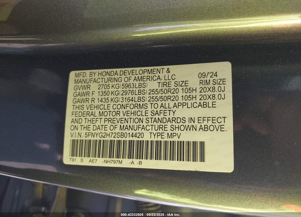 2025 HONDA PILOT TOURING VIN: 5FNYG2H72SB014420