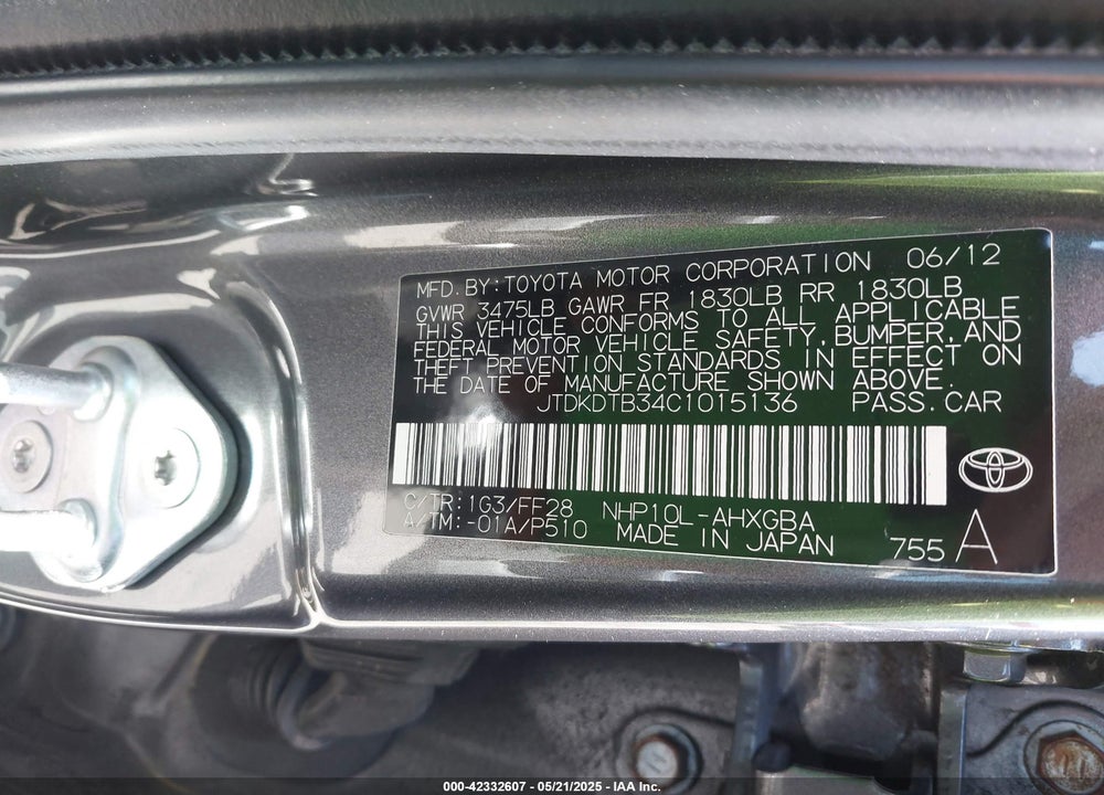 2012 TOYOTA PRIUS C FOUR/ONE/THREE/TWO VIN: JTDKDTB34C1015136