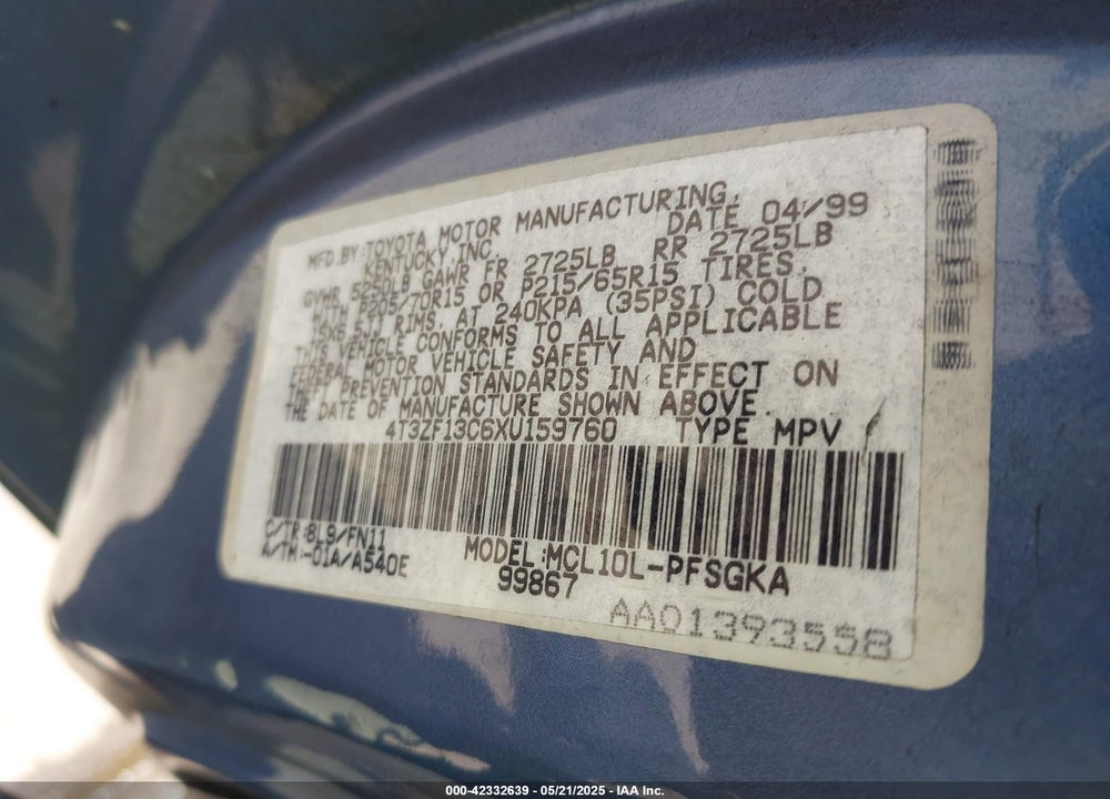 1999 TOYOTA SIENNA LE/XLE VIN: 4T3ZF13C6XU159760