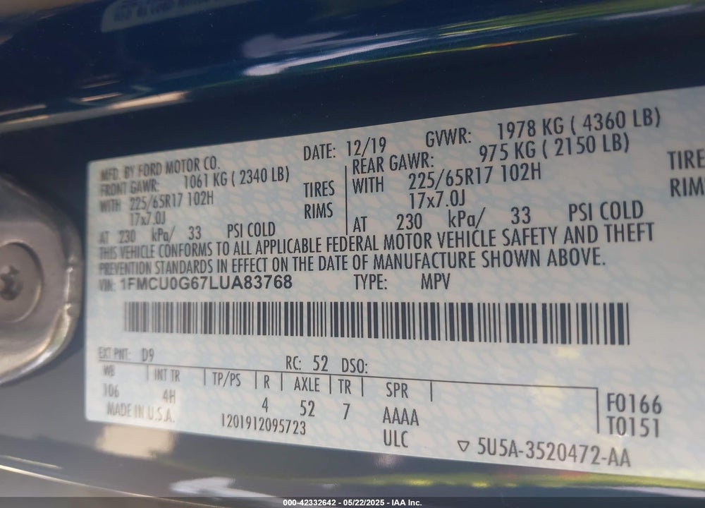 2020 FORD ESCAPE VIN: 1FMCU0G67LUA83768