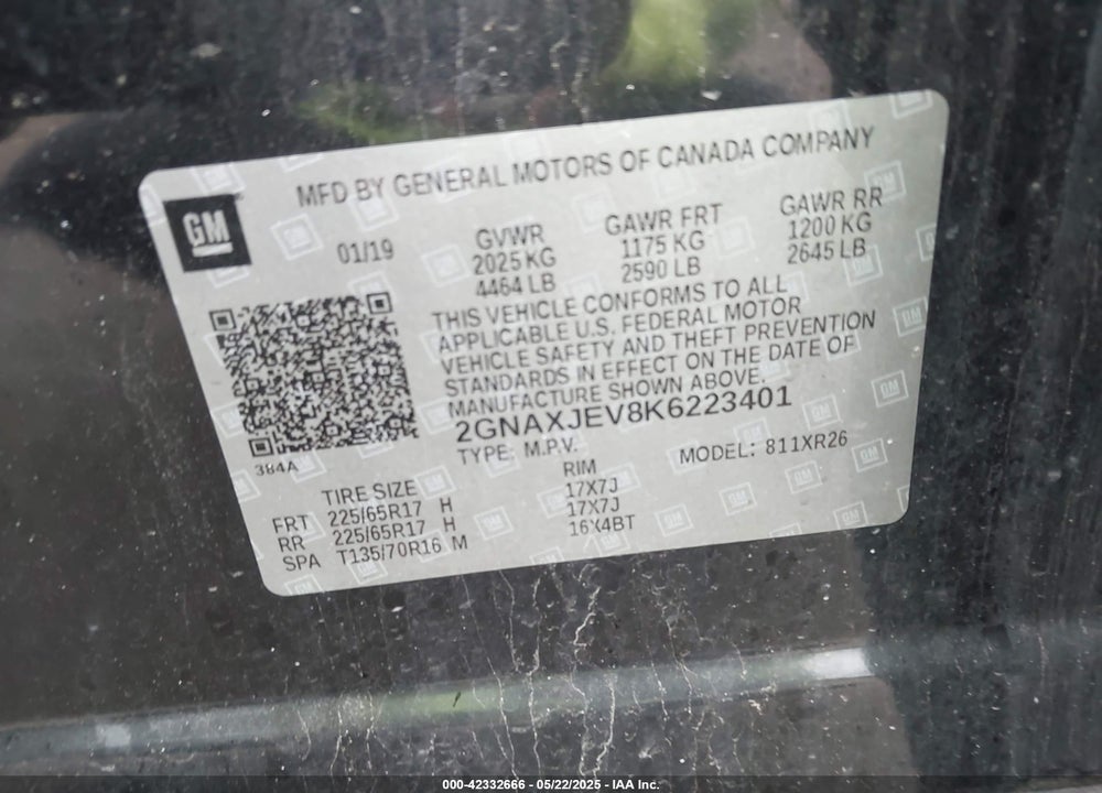 2019 CHEVROLET EQUINOX VIN: 2GNAXJEV8K6223401