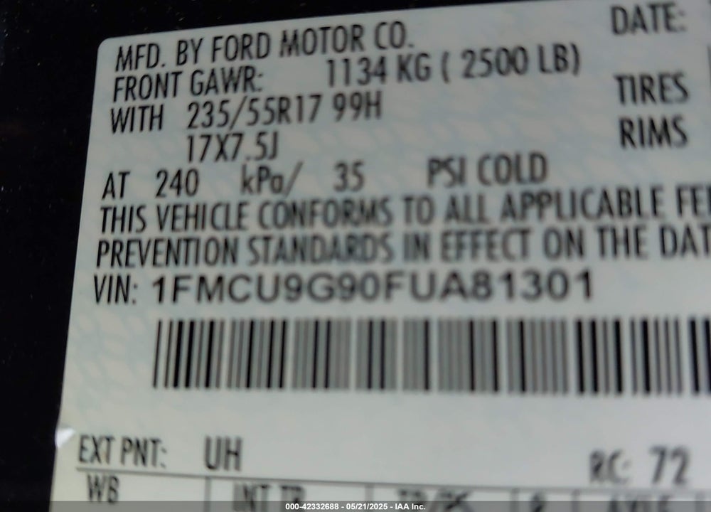 2015 FORD ESCAPE VIN: 1FMCU9G90FUA81301