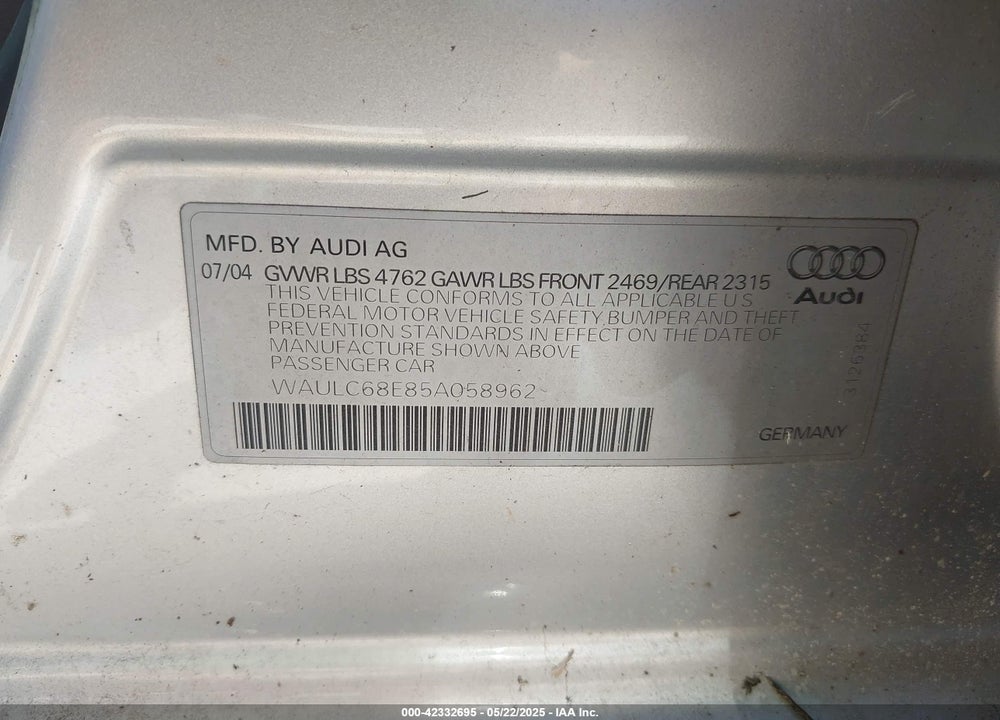 2005 AUDI A4 1.8T VIN: WAULC68E85A058962