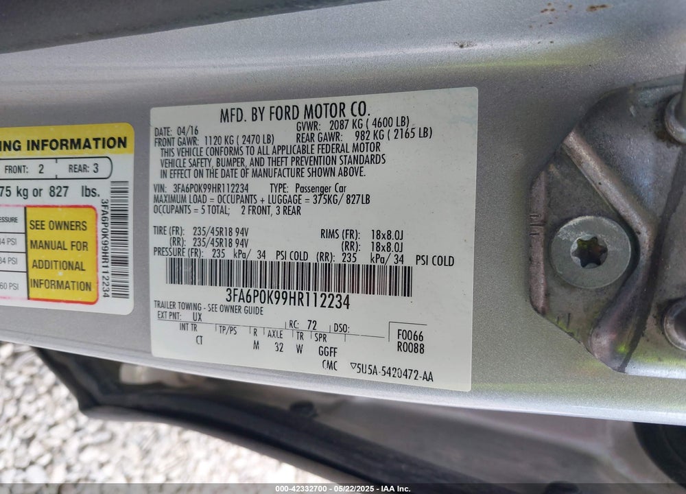 2017 FORD FUSION VIN: 3FA6P0K99HR112234