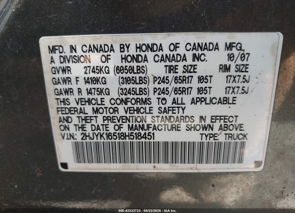 2008 HONDA RIDGELINE VIN: 2HJYK16518H518451