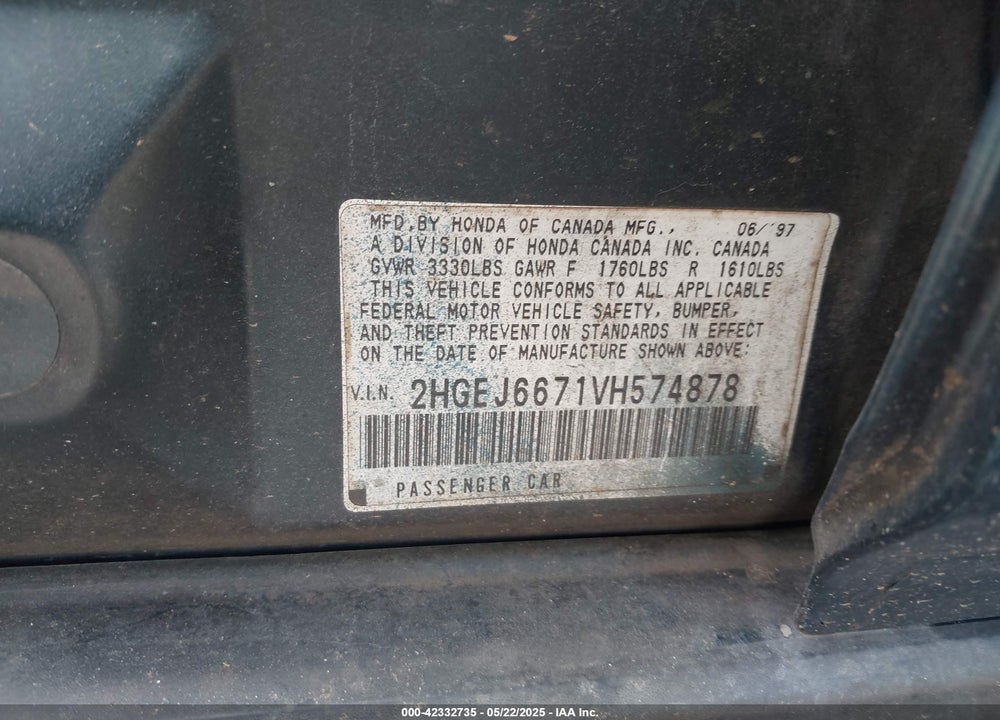 1997 HONDA CIVIC LX VIN: 2HGEJ6671VH574878