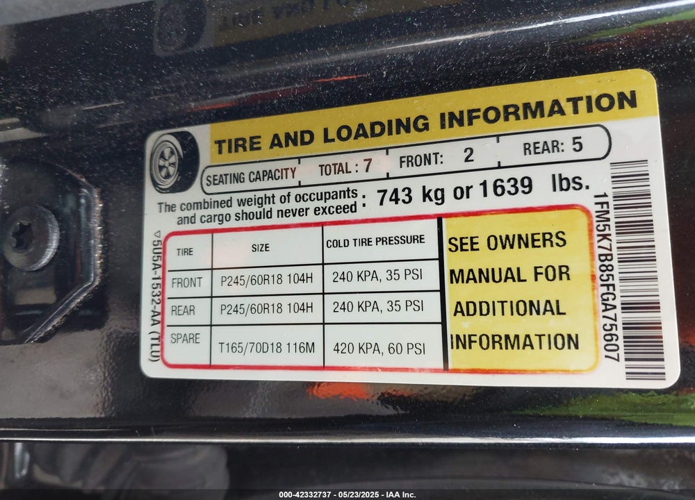 2015 FORD EXPLORER VIN: 1FM5K7B85FGA75607