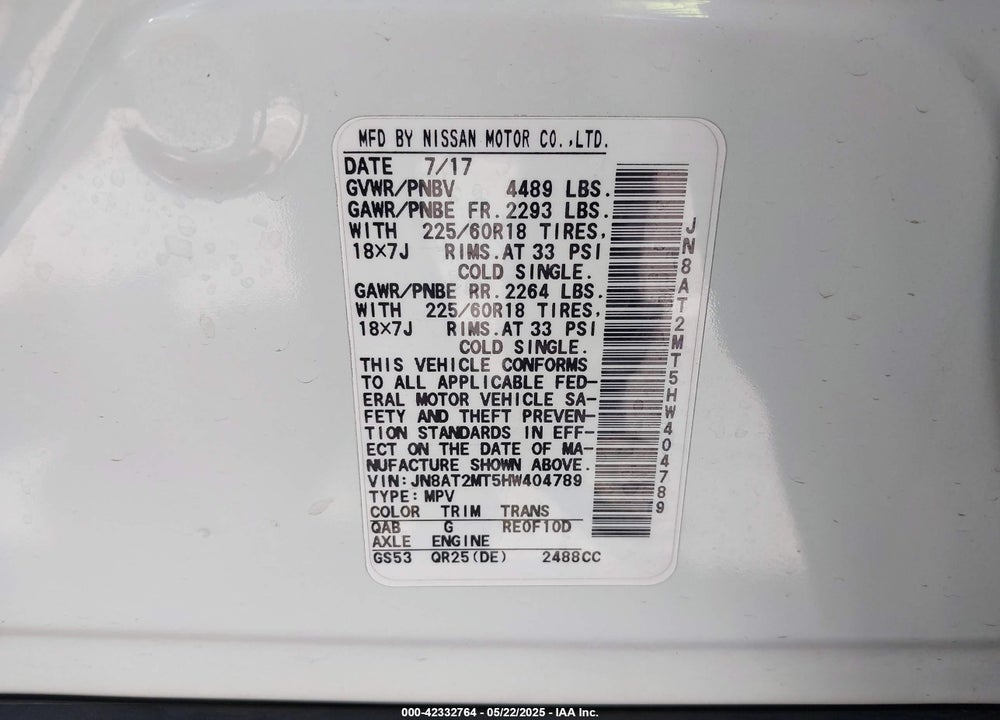 2017 NISSAN ROGUE SL VIN: JN8AT2MT5HW404789