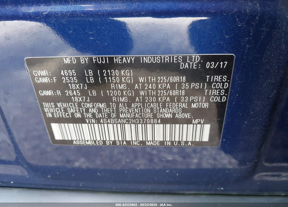 2017 SUBARU OUTBACK 2.5I LIMITED VIN: 4S4BSANC2H3370884