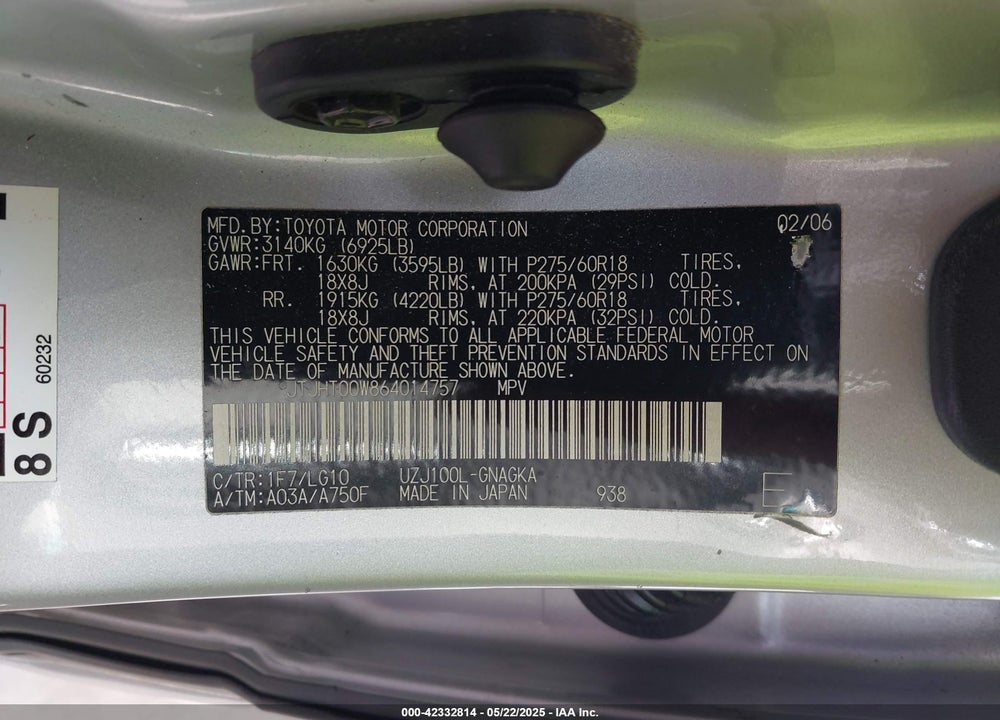 2006 LEXUS LX VIN: JTJHT00W864014757