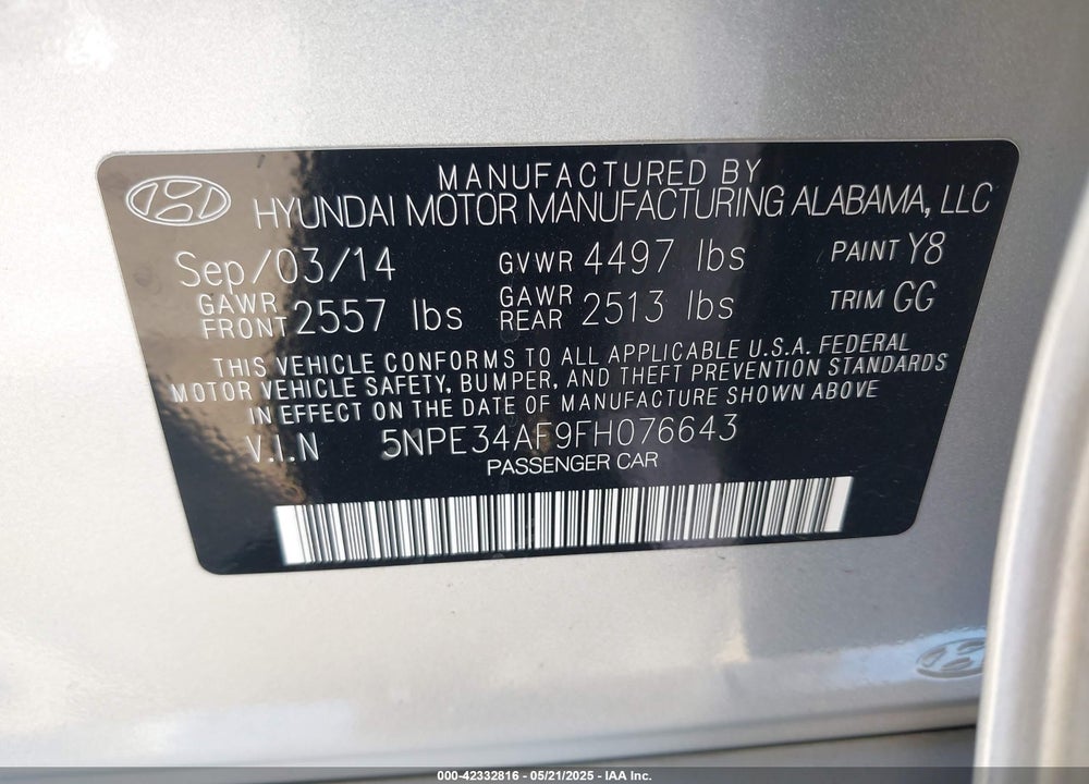 2015 HYUNDAI SONATA LIMITED VIN: 5NPE34AF9FH076643