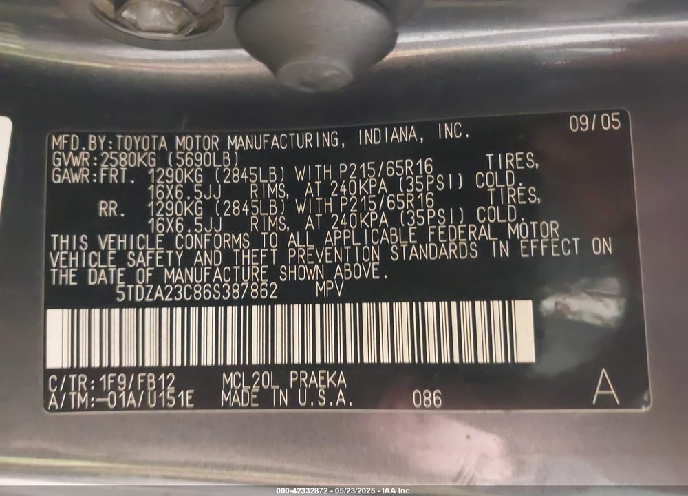 2006 TOYOTA SIENNA CE/LE VIN: 5TDZA23C86S387862