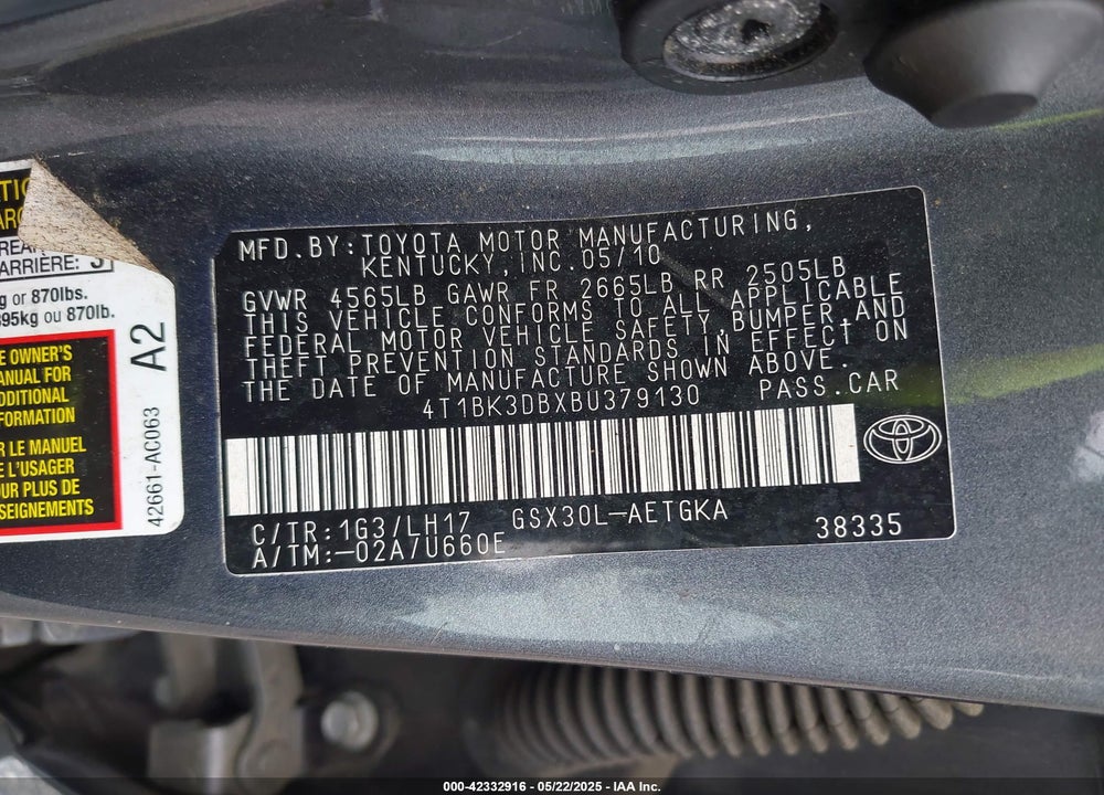 2011 TOYOTA AVALON VIN: 4T1BK3DBXBU379130