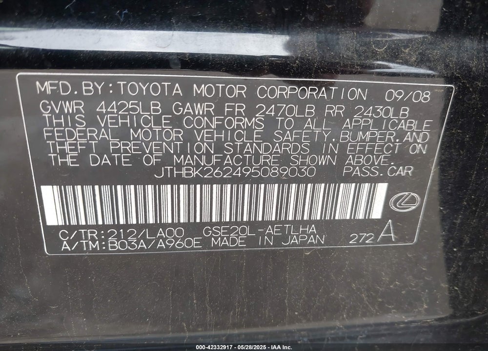 2009 LEXUS IS VIN: JTHBK262495089030