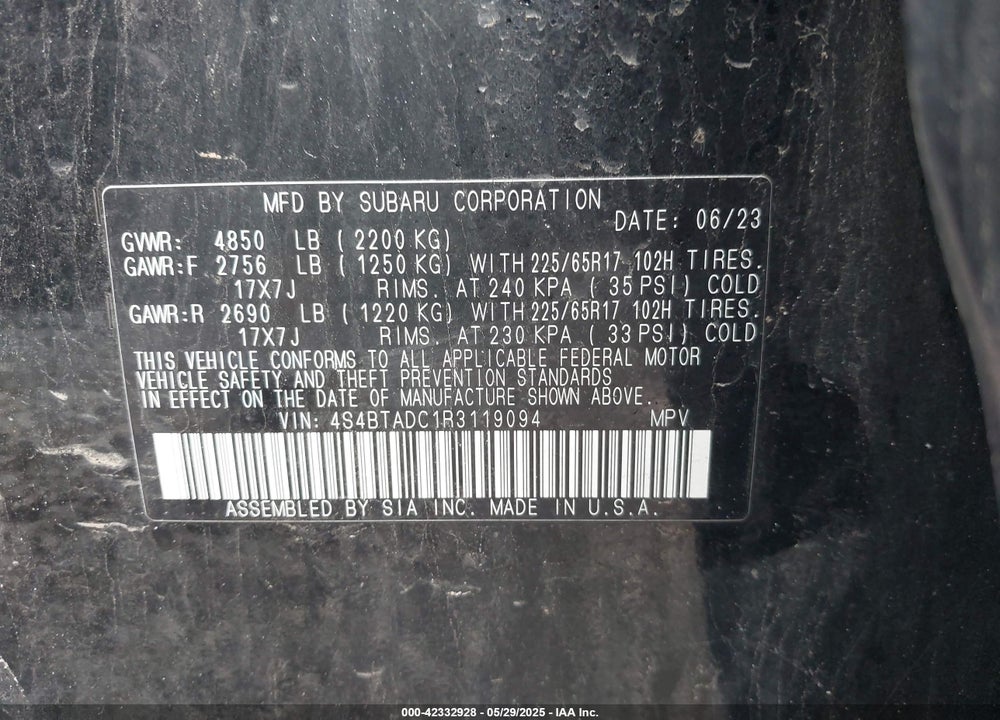 2024 SUBARU OUTBACK VIN: 4S4BTADC1R3119094