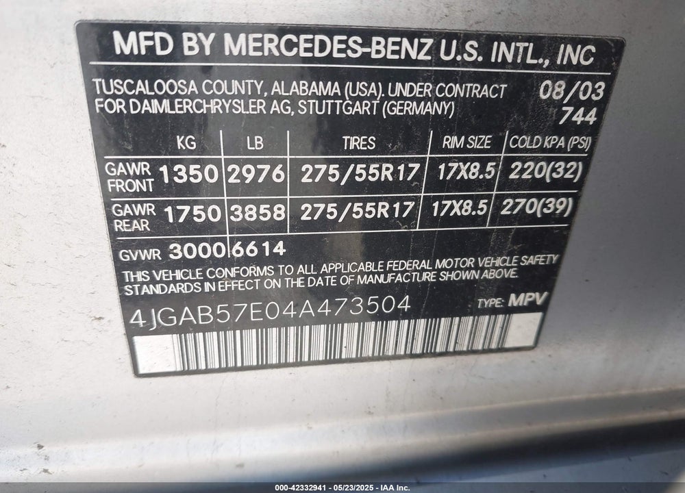 2004 MERCEDES-BENZ ML 350 4MATIC VIN: 4JGAB57E04A473504