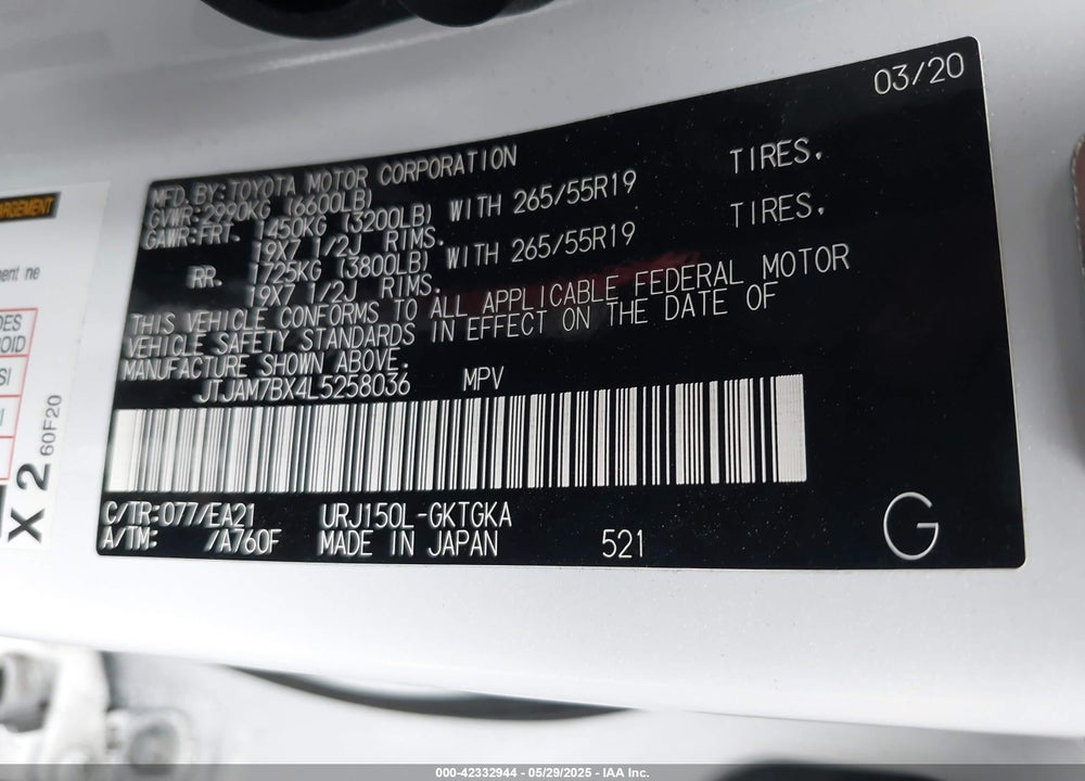 2020 LEXUS GX 460 VIN: JTJAM7BX4L5258036