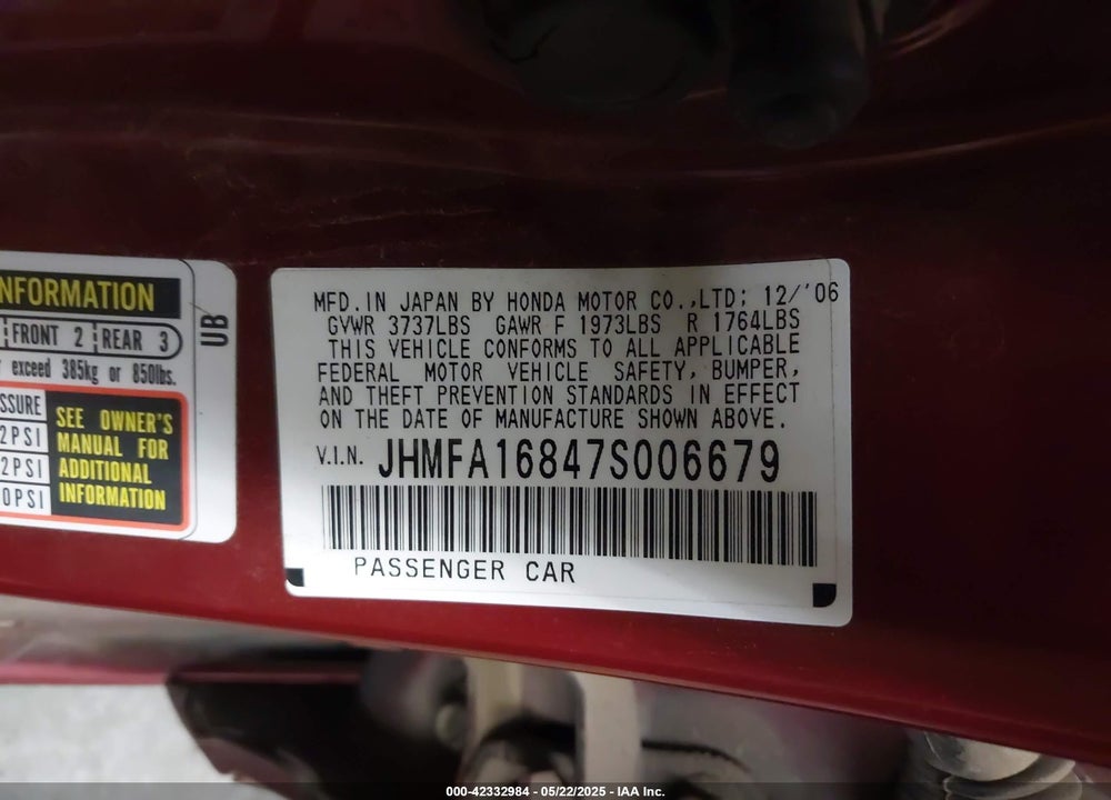 2007 HONDA CIVIC EX VIN: JHMFA16847S006679