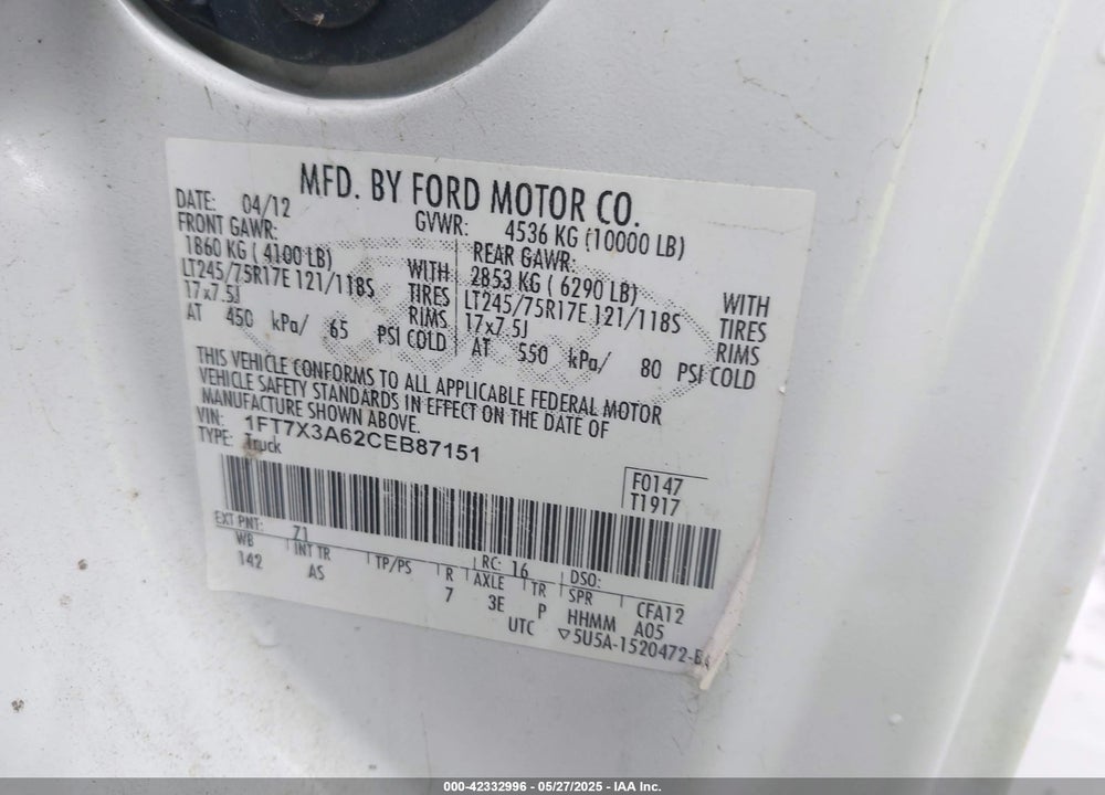 2012 FORD F 350 VIN: 1FT7X3A62CEB87151