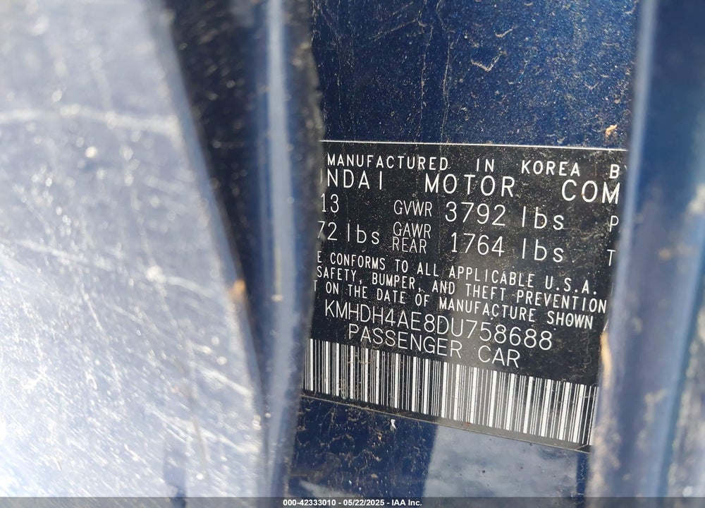 2013 HYUNDAI ELANTRA VIN: KMHDH4AE8DU758688
