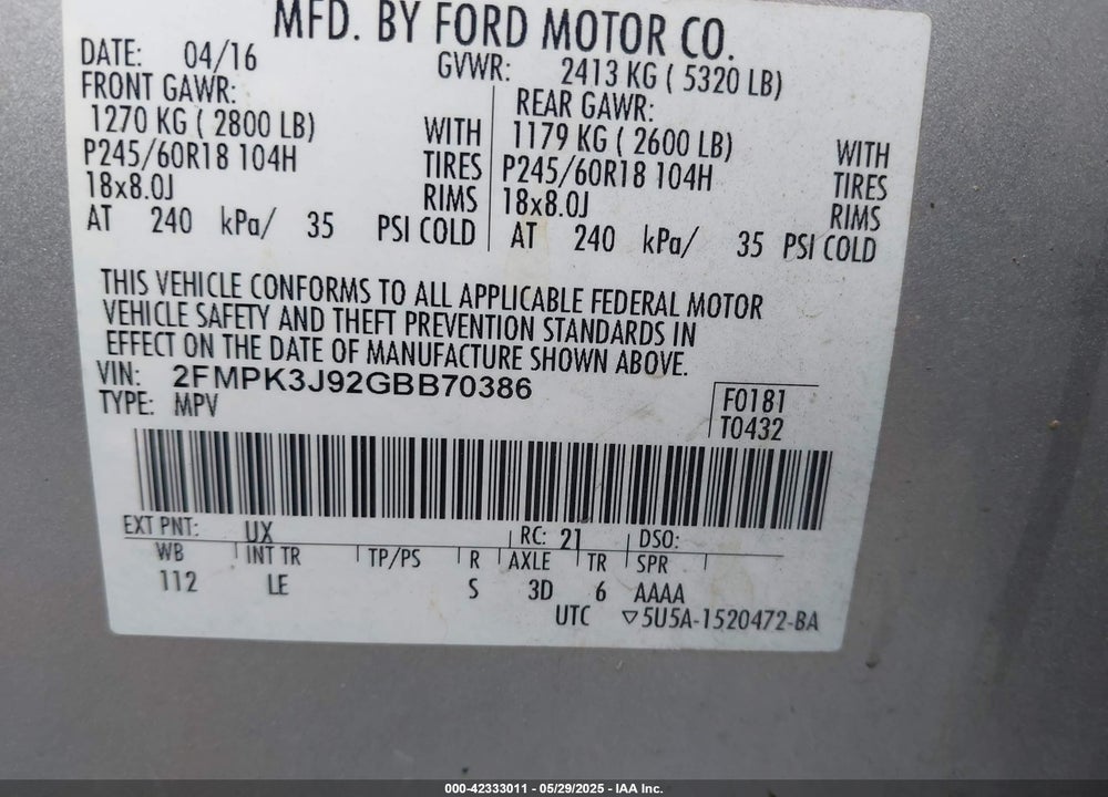 2016 FORD EDGE SEL VIN: 2FMPK3J92GBB70386