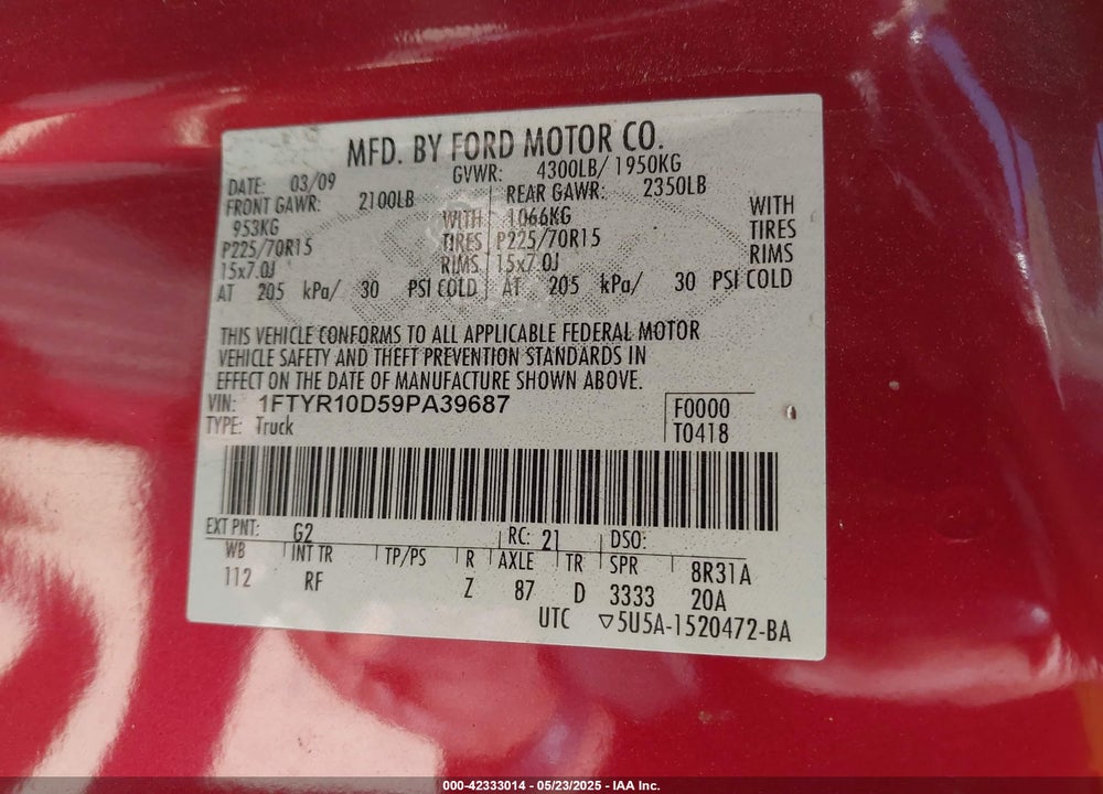 2009 FORD RANGER SPORT/XL/XLT VIN: 1FTYR10D59PA39687
