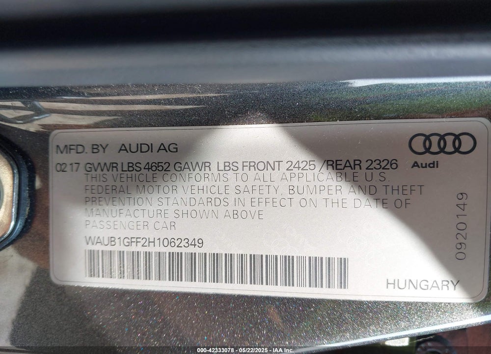 2017 AUDI S3 VIN: WAUB1GFF2H1062349