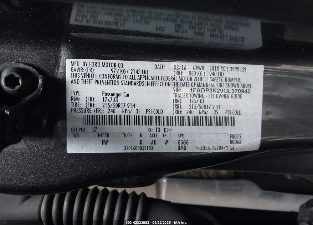 2016 FORD FOCUS VIN: 1FADP3K29GL370942