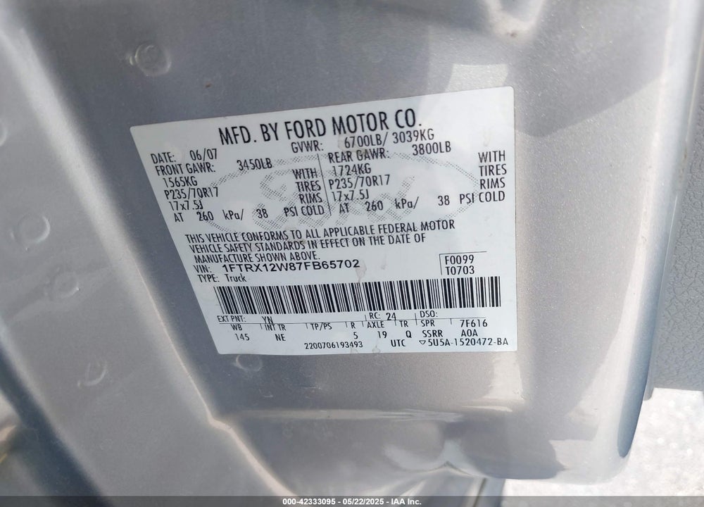 2007 FORD F-150 STX/XL/XLT VIN: 1FTRX12W87FB65702