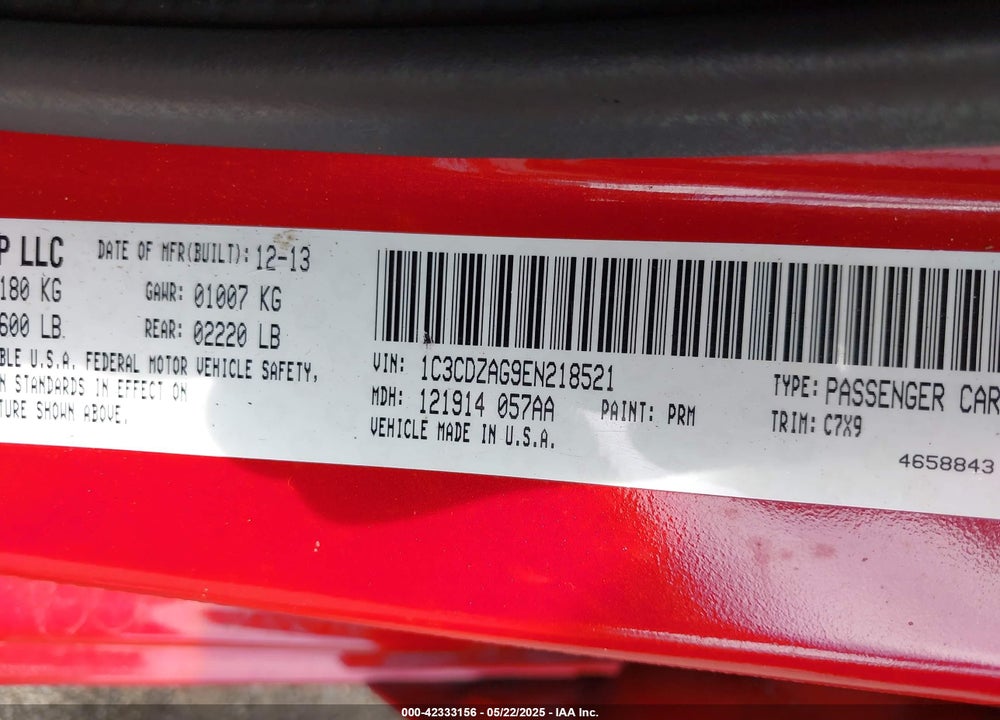 2014 DODGE AVENGER VIN: 1C3CDZAG9EN218521