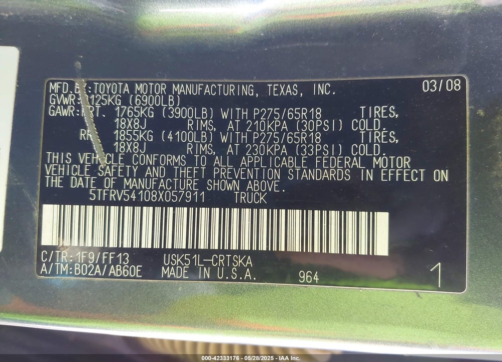 2008 TOYOTA TUNDRA VIN: 5TFRV54108X057911