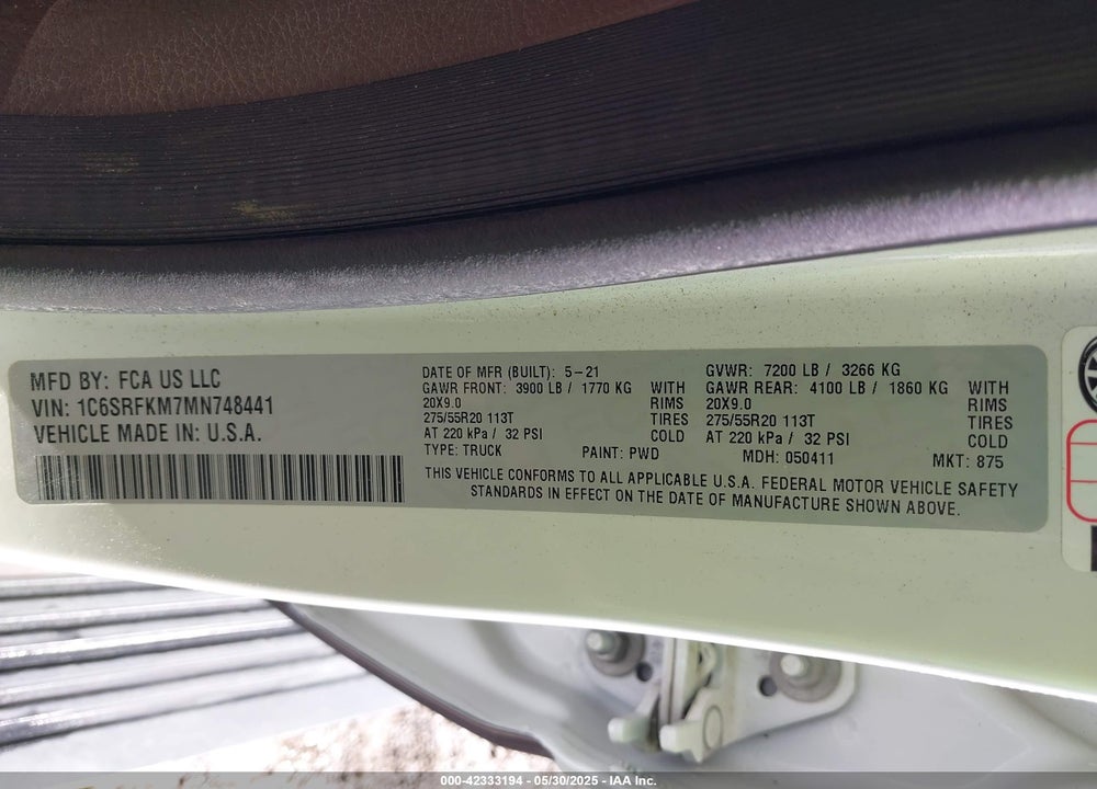 2021 RAM 1500 VIN: 1C6SRFKM7MN748441