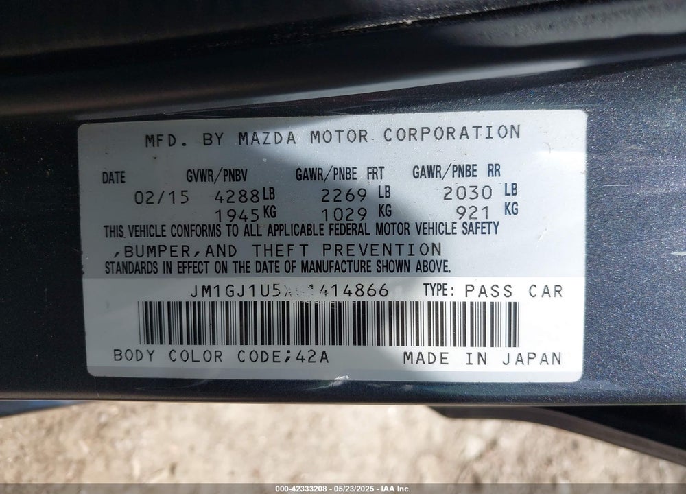 2016 MAZDA 6 VIN: JM1GJ1U5XG1414866