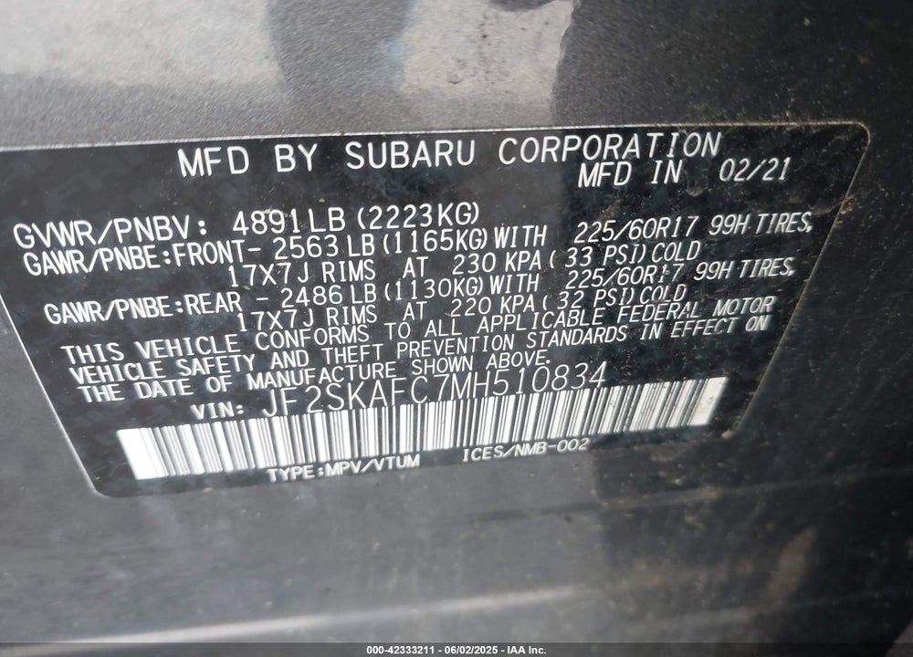 2021 SUBARU FORESTER VIN: JF2SKAFC7MH510834