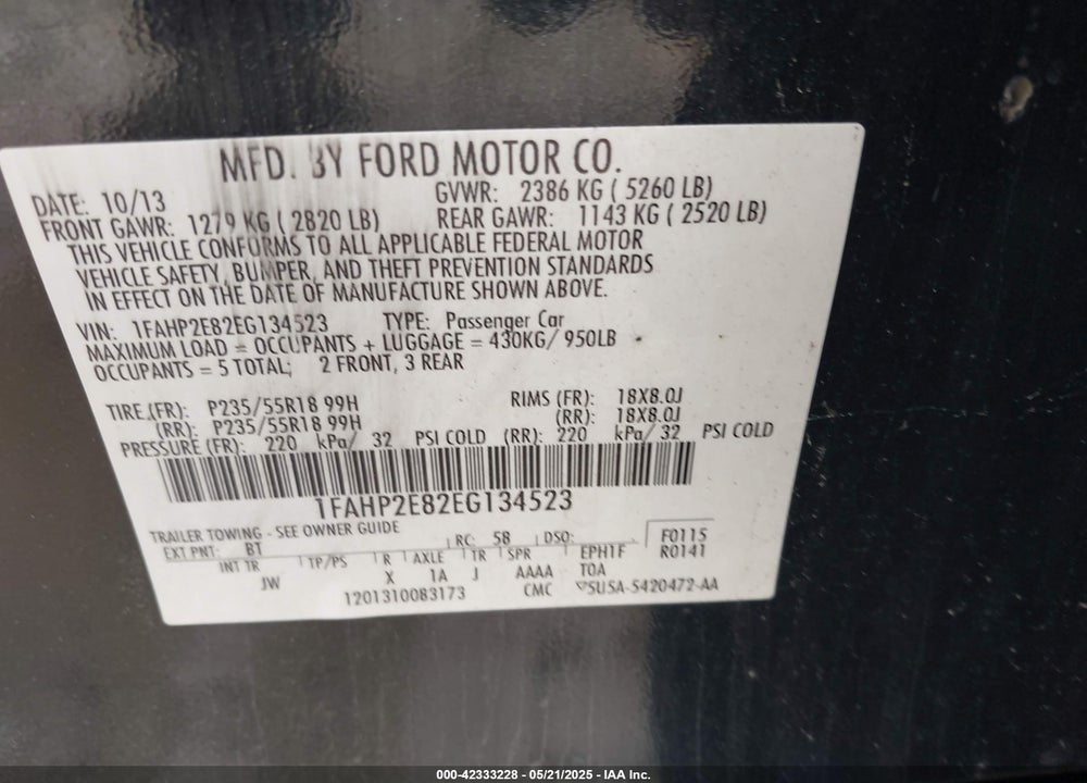 2014 FORD TAURUS VIN: 1FAHP2E82EG134523
