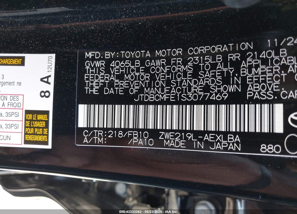 2025 TOYOTA COROLLA HYBRID LE VIN: JTDBCMFE1S3077469