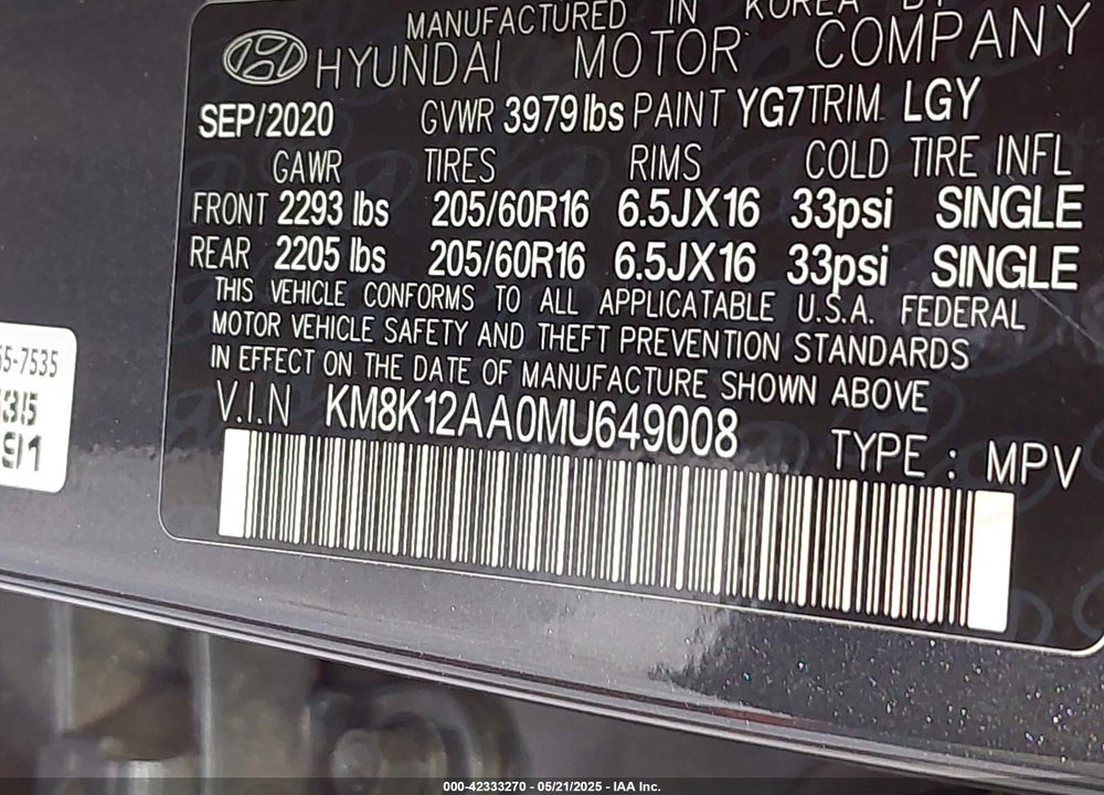 2021 HYUNDAI KONA VIN: KM8K12AA0MU649008