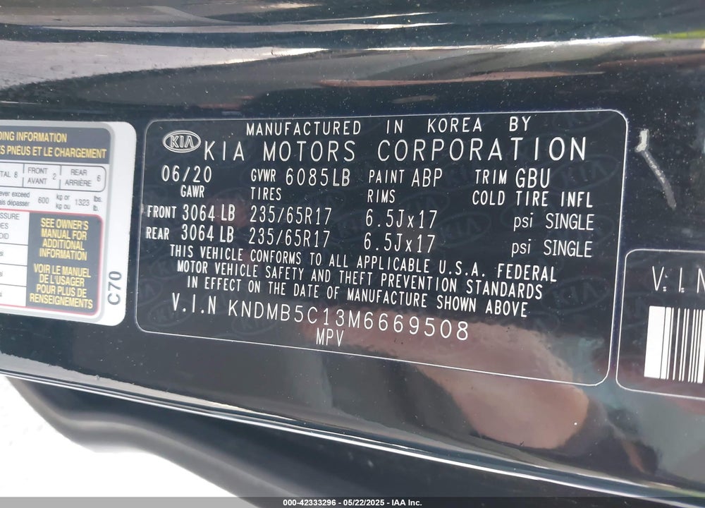 2021 KIA SEDONA VIN: KNDMB5C13M6669508