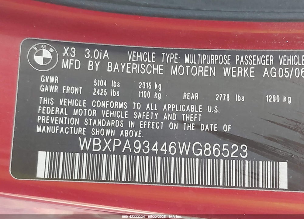 2006 BMW X3 3.0I VIN: WBXPA93446WG86523