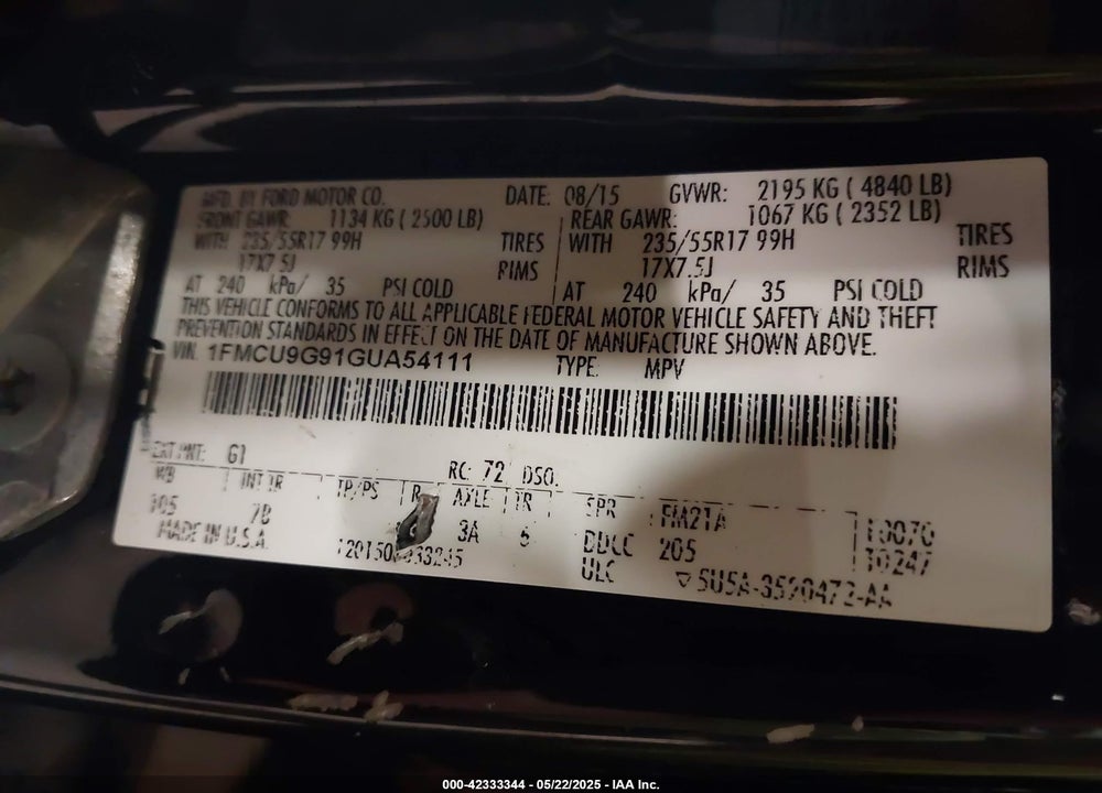 2016 FORD ESCAPE SE VIN: 1FMCU9G91GUA54111
