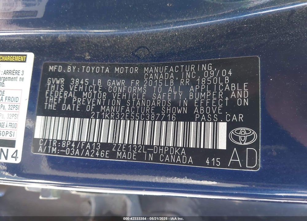 2005 TOYOTA MATRIX VIN: 2T1KR32E55C387716