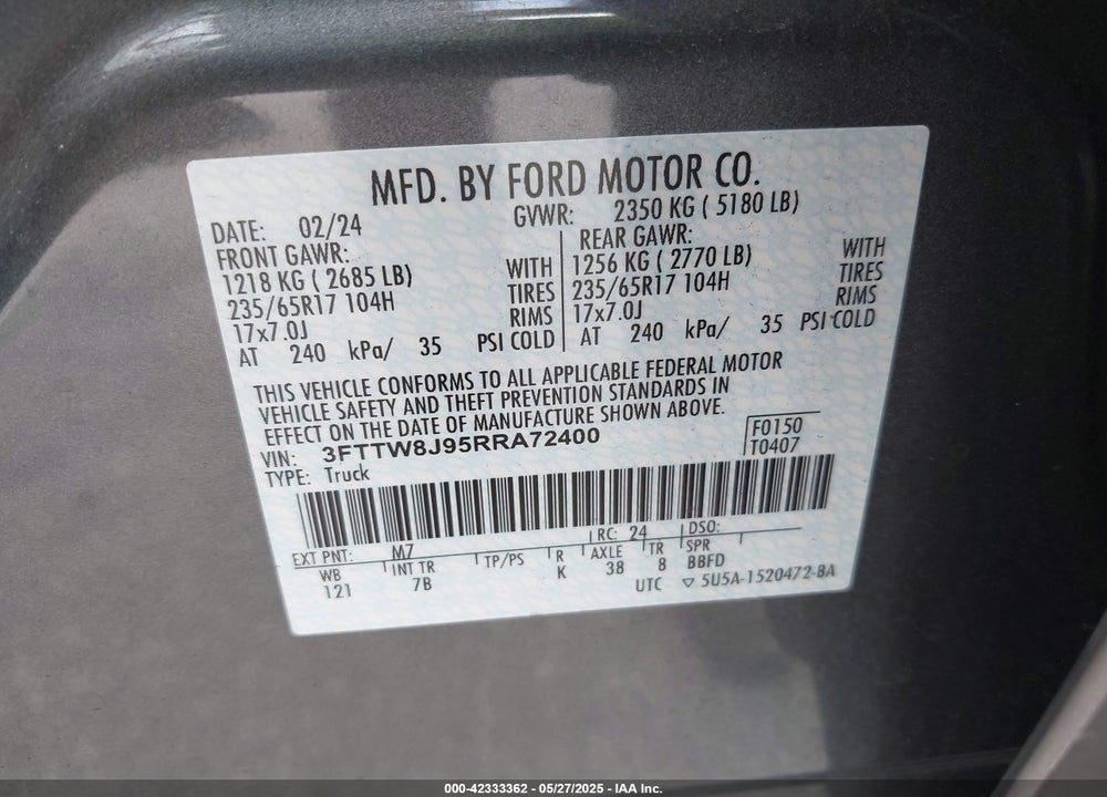 2024 FORD MAVERICK XLT VIN: 3FTTW8J95RRA72400