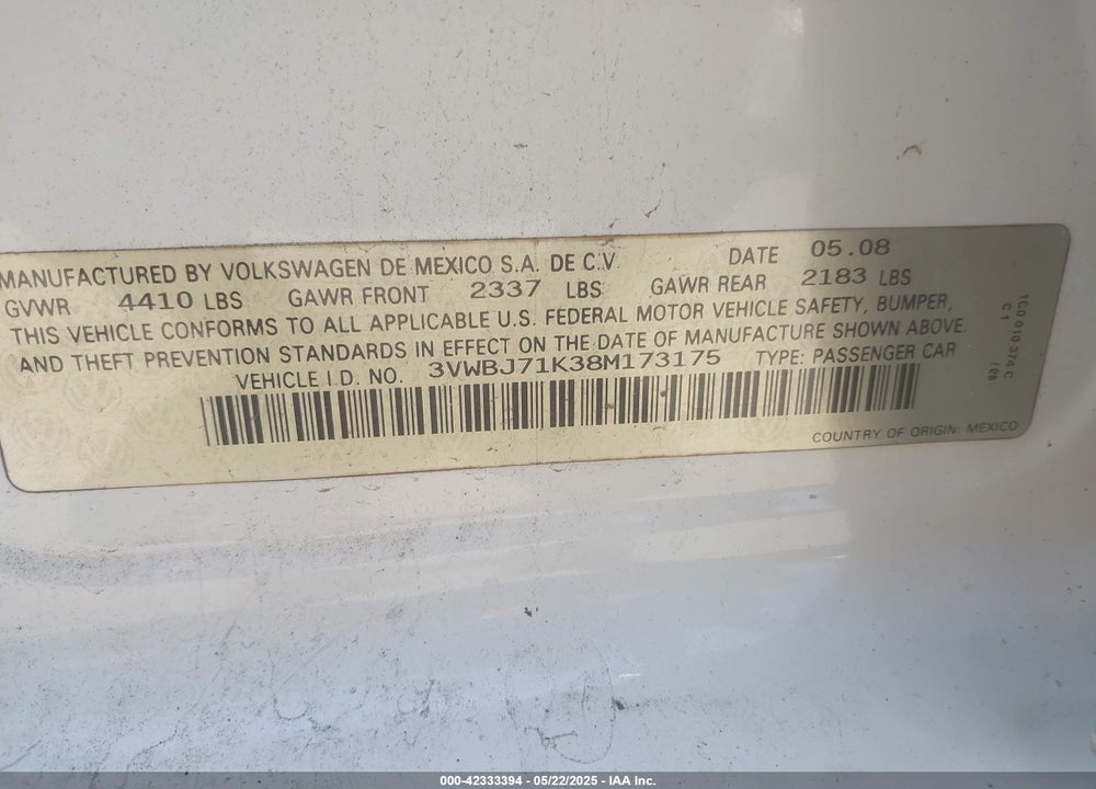 2008 VOLKSWAGEN GLI VIN: 3VWBJ71K38M173175